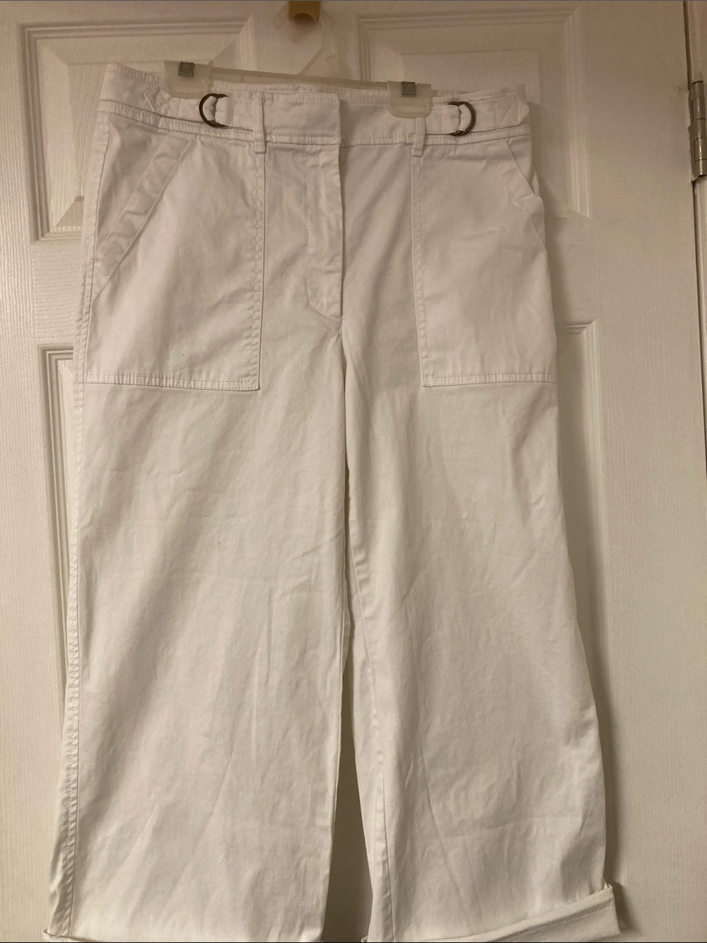 White Wide-Leg Cotton Pants with D-Ring Waist Detail